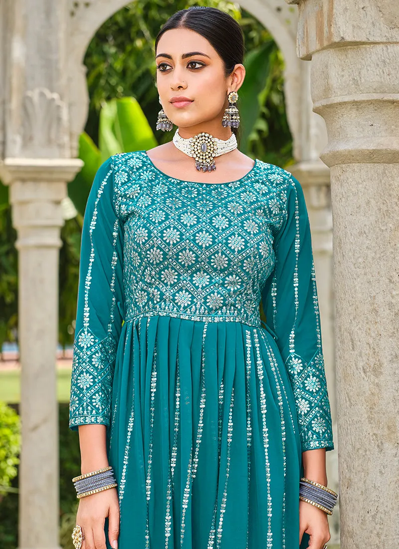 Turquoise Sequence Embroidery Festive Palazzo Suit