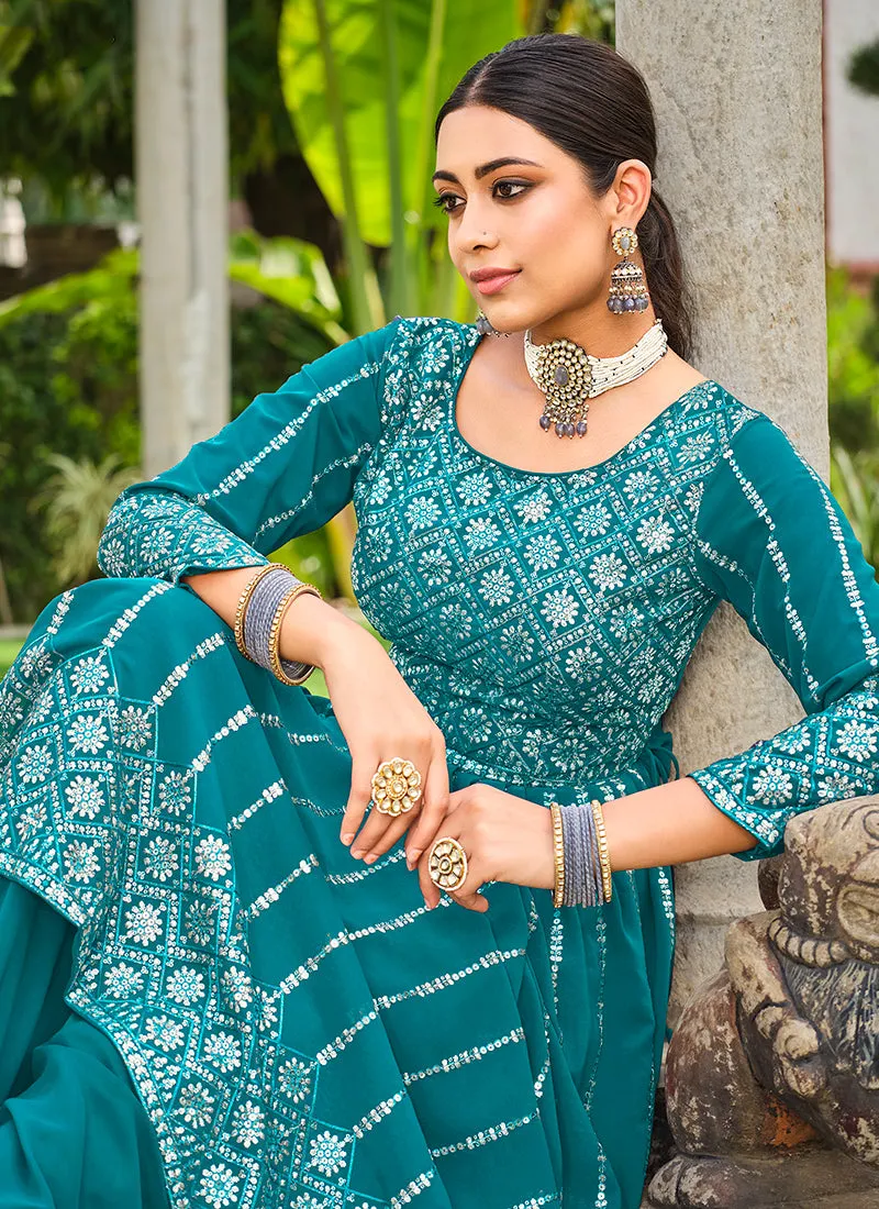 Turquoise Sequence Embroidery Festive Palazzo Suit