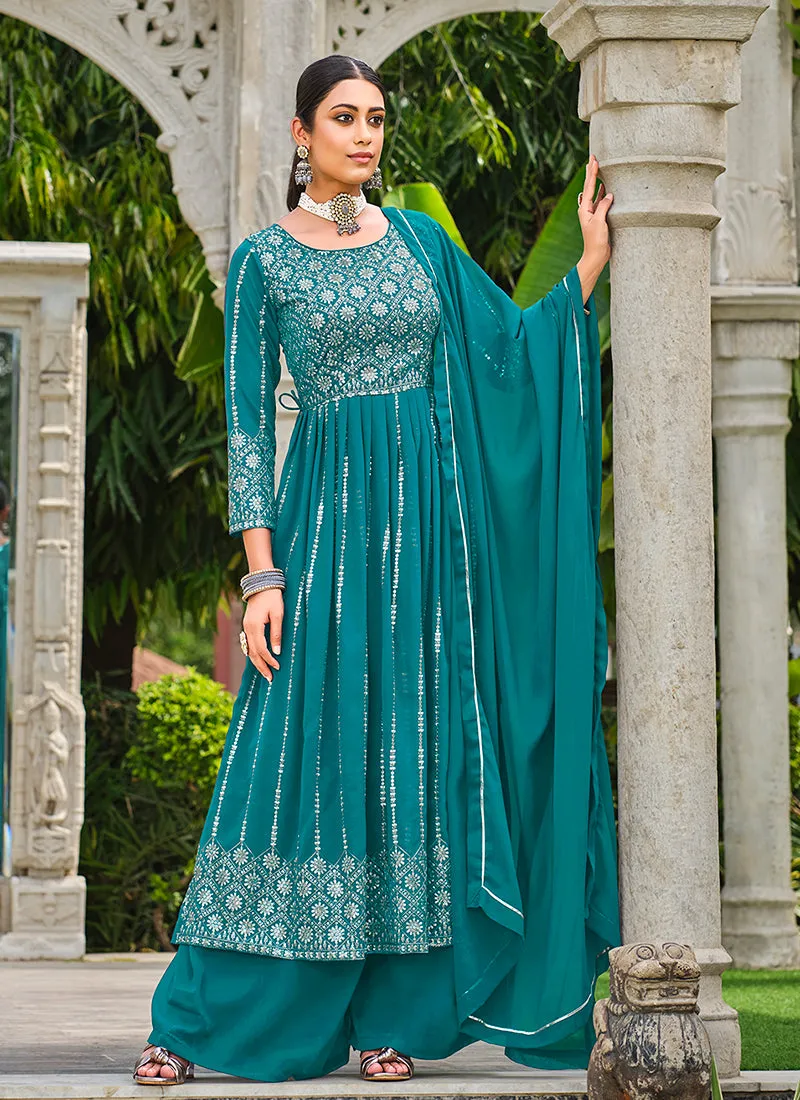 Turquoise Sequence Embroidery Festive Palazzo Suit