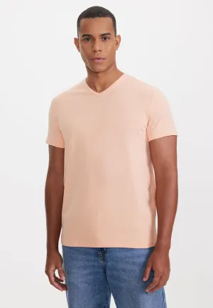 Turuncu V-Yaka Regular Fit Pamuk Elastan Karışımlı Basic Erkek T-Shirt THEO
