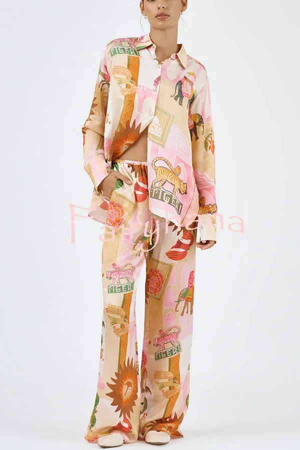 Unique Printed Casual Long Sleeved Shirt Top and Elastic Waist Loose Pants Sets