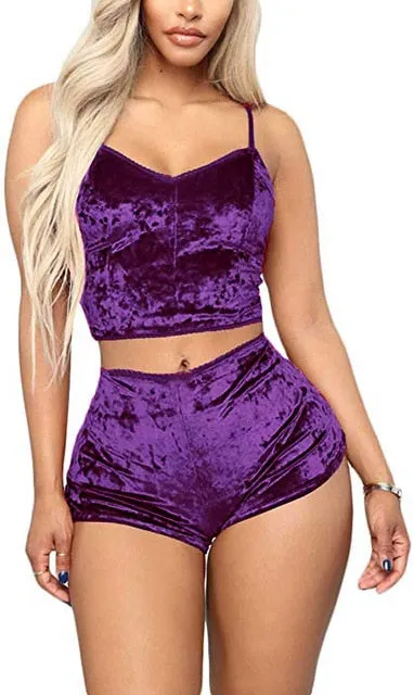 US Fashion Women 2pcs Velvet Sleepwear Sexy Spaghetti Strap Velvet Shorts Pajama Set Ladies Sleepwear female Pajama Party Set