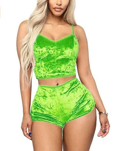 US Fashion Women 2pcs Velvet Sleepwear Sexy Spaghetti Strap Velvet Shorts Pajama Set Ladies Sleepwear female Pajama Party Set