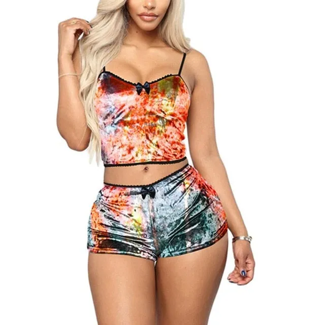 US Fashion Women 2pcs Velvet Sleepwear Sexy Spaghetti Strap Velvet Shorts Pajama Set Ladies Sleepwear female Pajama Party Set