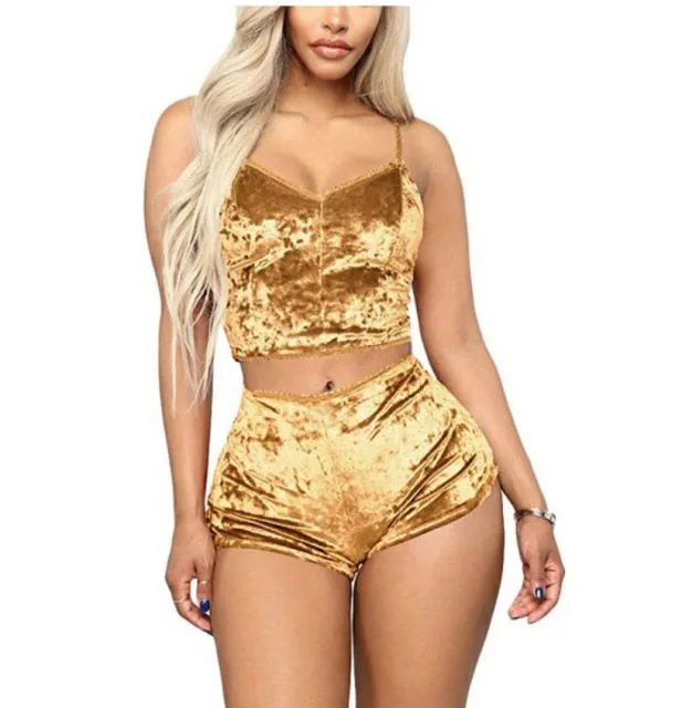 US Fashion Women 2pcs Velvet Sleepwear Sexy Spaghetti Strap Velvet Shorts Pajama Set Ladies Sleepwear female Pajama Party Set