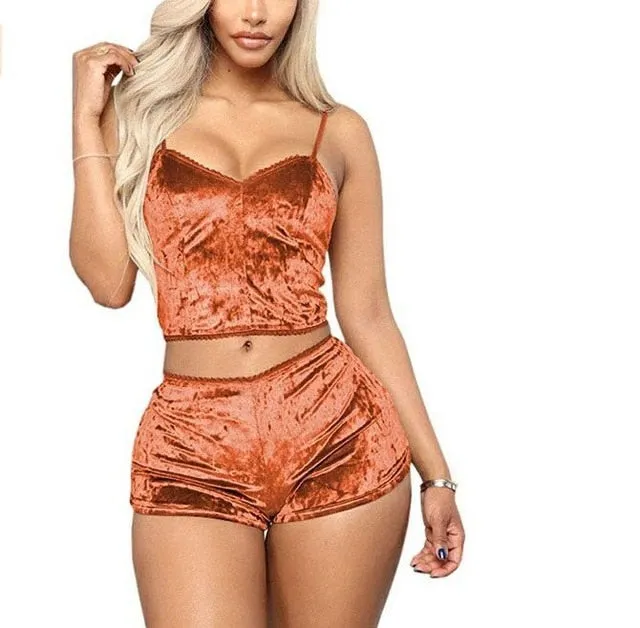 US Fashion Women 2pcs Velvet Sleepwear Sexy Spaghetti Strap Velvet Shorts Pajama Set Ladies Sleepwear female Pajama Party Set
