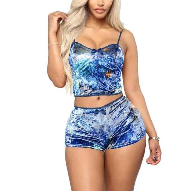 US Fashion Women 2pcs Velvet Sleepwear Sexy Spaghetti Strap Velvet Shorts Pajama Set Ladies Sleepwear female Pajama Party Set
