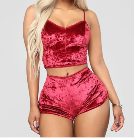 US Fashion Women 2pcs Velvet Sleepwear Sexy Spaghetti Strap Velvet Shorts Pajama Set Ladies Sleepwear female Pajama Party Set