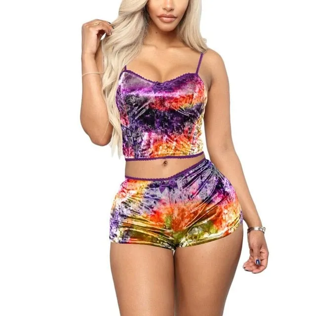 US Fashion Women 2pcs Velvet Sleepwear Sexy Spaghetti Strap Velvet Shorts Pajama Set Ladies Sleepwear female Pajama Party Set