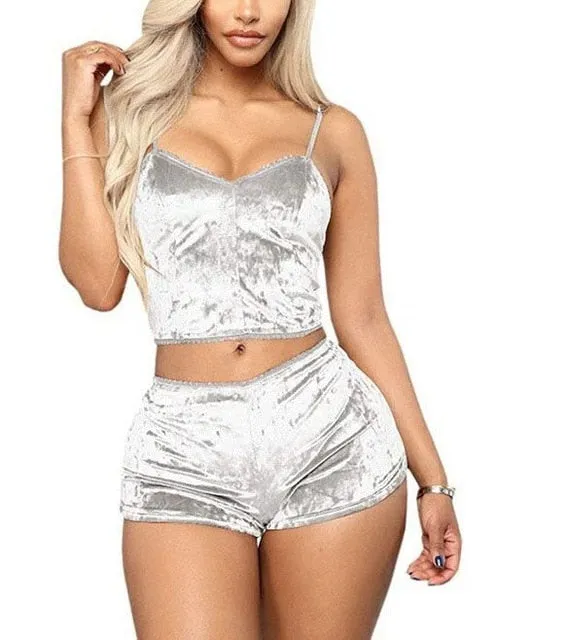 US Fashion Women 2pcs Velvet Sleepwear Sexy Spaghetti Strap Velvet Shorts Pajama Set Ladies Sleepwear female Pajama Party Set