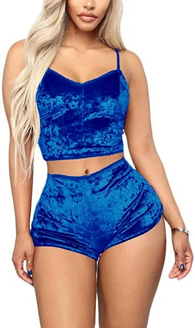 US Fashion Women 2pcs Velvet Sleepwear Sexy Spaghetti Strap Velvet Shorts Pajama Set Ladies Sleepwear female Pajama Party Set