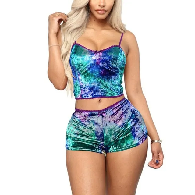 US Fashion Women 2pcs Velvet Sleepwear Sexy Spaghetti Strap Velvet Shorts Pajama Set Ladies Sleepwear female Pajama Party Set