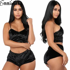 US Fashion Women 2pcs Velvet Sleepwear Sexy Spaghetti Strap Velvet Shorts Pajama Set Ladies Sleepwear female Pajama Party Set