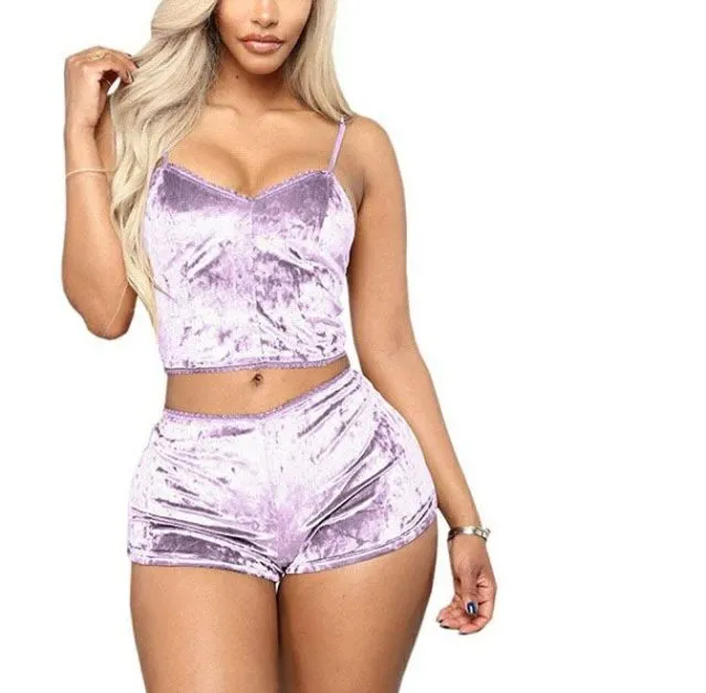 US Fashion Women 2pcs Velvet Sleepwear Sexy Spaghetti Strap Velvet Shorts Pajama Set Ladies Sleepwear female Pajama Party Set