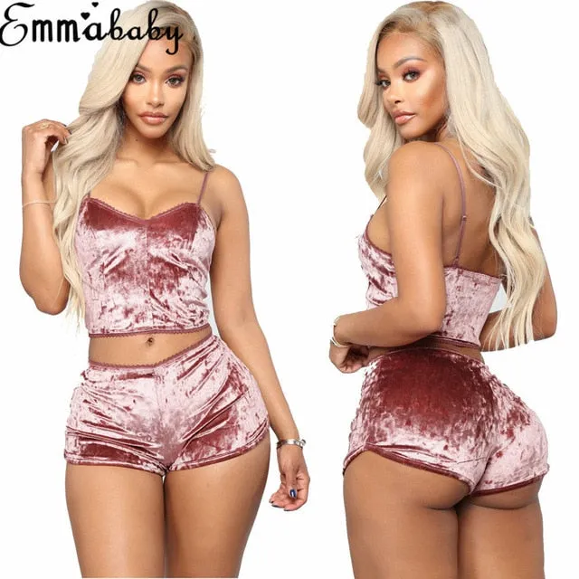 US Fashion Women 2pcs Velvet Sleepwear Sexy Spaghetti Strap Velvet Shorts Pajama Set Ladies Sleepwear female Pajama Party Set