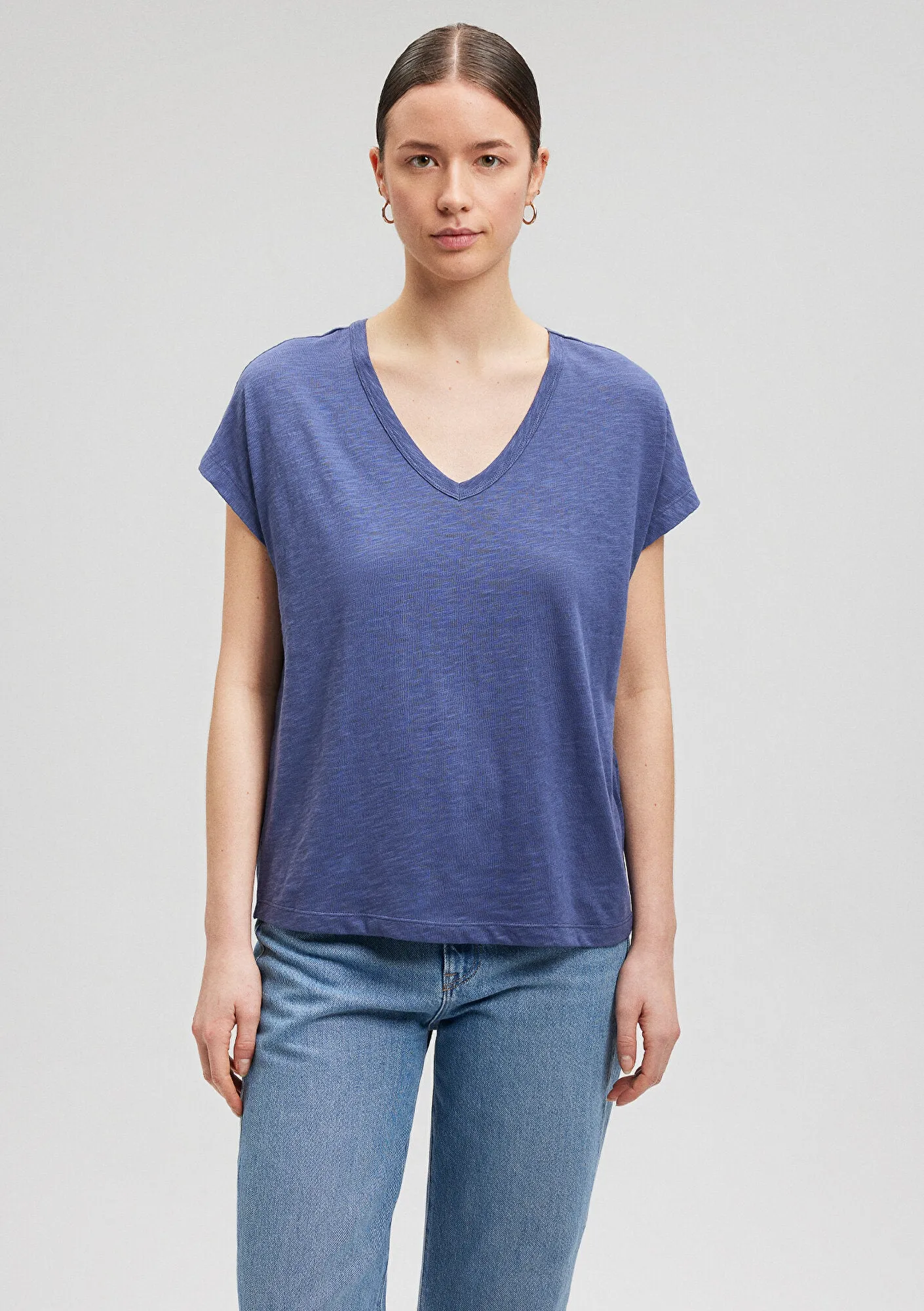 V Neck Blue Basic T-Shirt