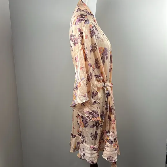 Victorias Secret Peach Floral Ruffle Short Crinkle Kimono Robe Belted Sz XL/XXL