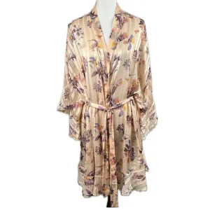 Victorias Secret Peach Floral Ruffle Short Crinkle Kimono Robe Belted Sz XL/XXL