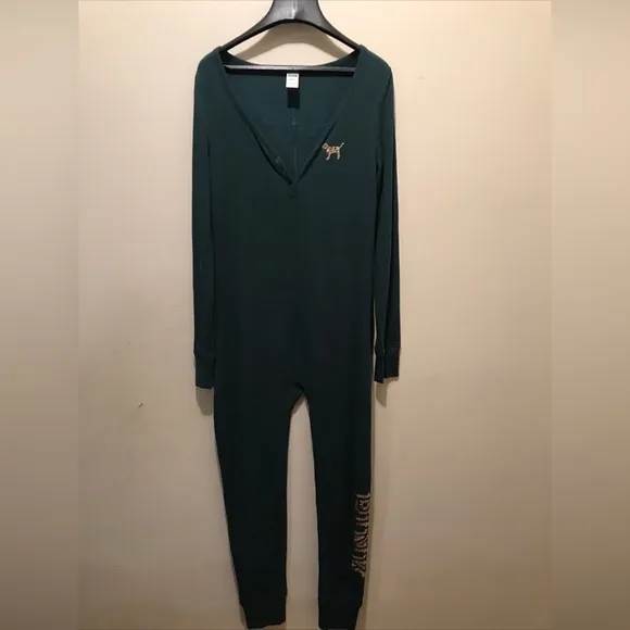 Victoria’s Secret PINK Green Happy Holla Days Pajama One Piece Sleepwear L