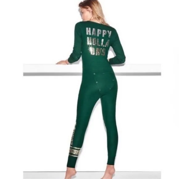 Victoria’s Secret PINK Green Happy Holla Days Pajama One Piece Sleepwear L