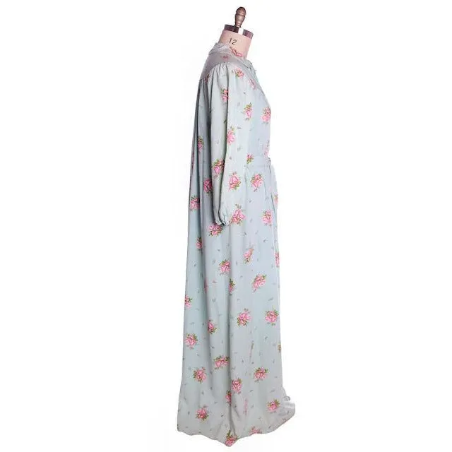 Vintage Blue & Pink Roses Rayon Robe 1940s Neat Belt 44 Bust L-XL