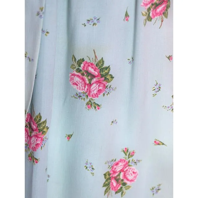 Vintage Blue & Pink Roses Rayon Robe 1940s Neat Belt 44 Bust L-XL