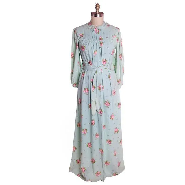 Vintage Blue & Pink Roses Rayon Robe 1940s Neat Belt 44 Bust L-XL