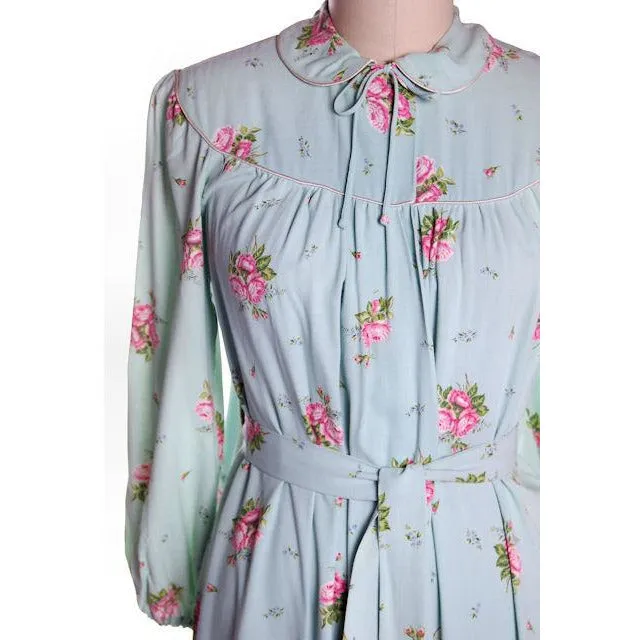 Vintage Blue & Pink Roses Rayon Robe 1940s Neat Belt 44 Bust L-XL