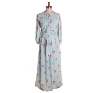 Vintage Blue & Pink Roses Rayon Robe 1940s Neat Belt 44 Bust L-XL