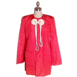 Vintage Coral Quilted Taffeta Short  Robe Jacket Fab Frogs 1940's 44 Bust