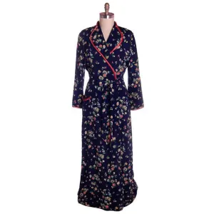 Vintage Ladies Quilted Robe Navy Blue Printed Rayon 1940s Large