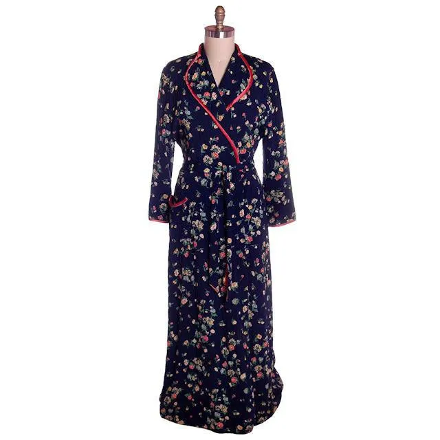 Vintage Ladies Quilted Robe Navy Blue Printed Rayon 1940s Large