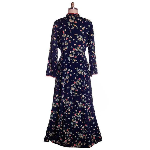 Vintage Ladies Quilted Robe Navy Blue Printed Rayon 1940s Large