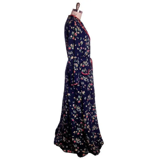 Vintage Ladies Quilted Robe Navy Blue Printed Rayon 1940s Large