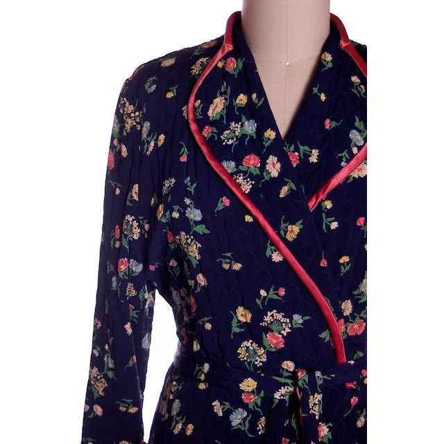 Vintage Ladies Quilted Robe Navy Blue Printed Rayon 1940s Large