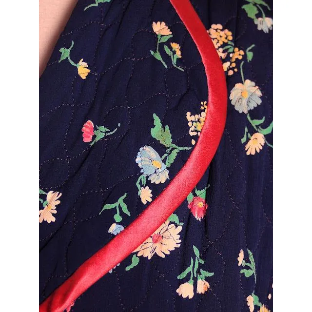 Vintage Ladies Quilted Robe Navy Blue Printed Rayon 1940s Large