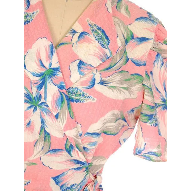 Vintage Pink Hawaiian Hibiscus Flower Robe Seersucker 1940s