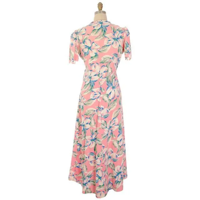 Vintage Pink Hawaiian Hibiscus Flower Robe Seersucker 1940s