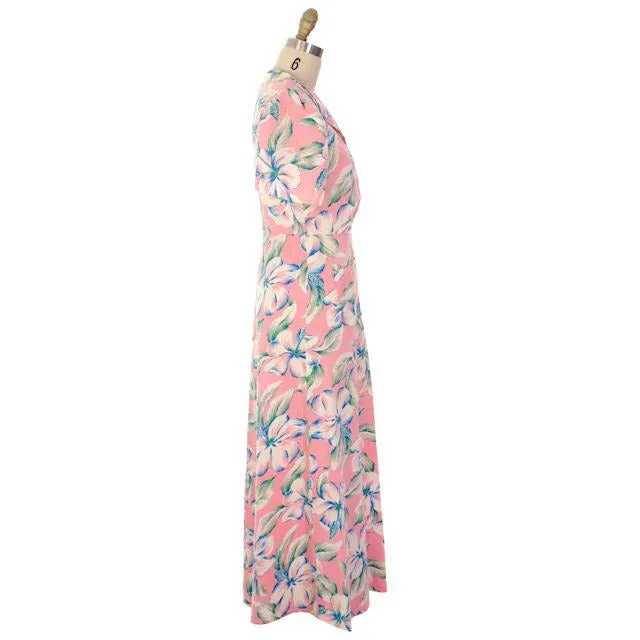 Vintage Pink Hawaiian Hibiscus Flower Robe Seersucker 1940s