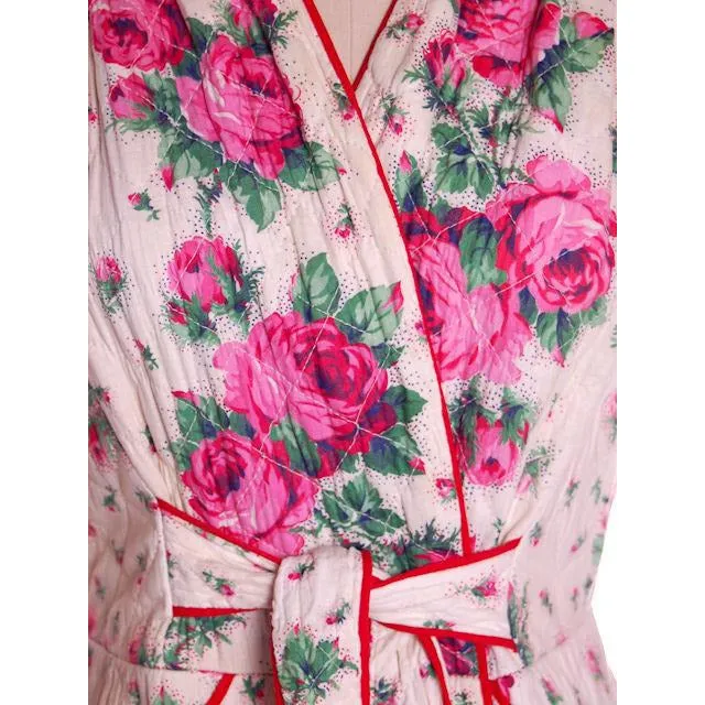 Vintage Quilted Cotton Robe Super 1940s Red/Pink Roses Border  36-30-49
