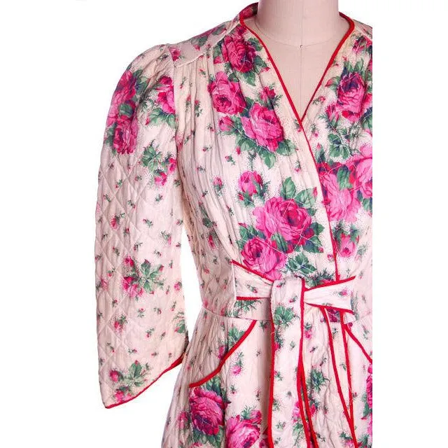 Vintage Quilted Cotton Robe Super 1940s Red/Pink Roses Border  36-30-49