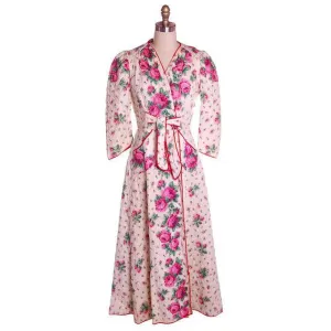 Vintage Quilted Cotton Robe Super 1940s Red/Pink Roses Border  36-30-49