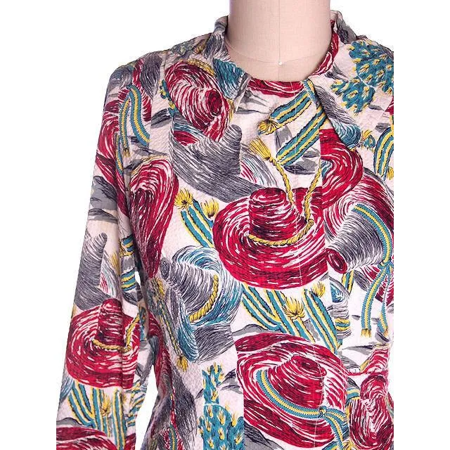 Vintage Seersucker Robe Fantastic Mexican Sombrero Print 1940s Medium