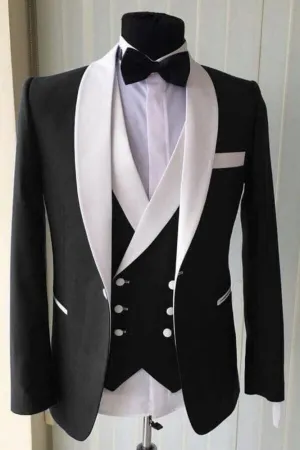 Wedding Groom White Lapel Shawl Lapel Well-cut Three-piece Black Men Suit for Formal