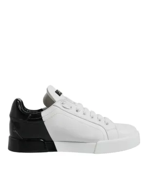 White Black Leather Low Top Sneakers Shoes