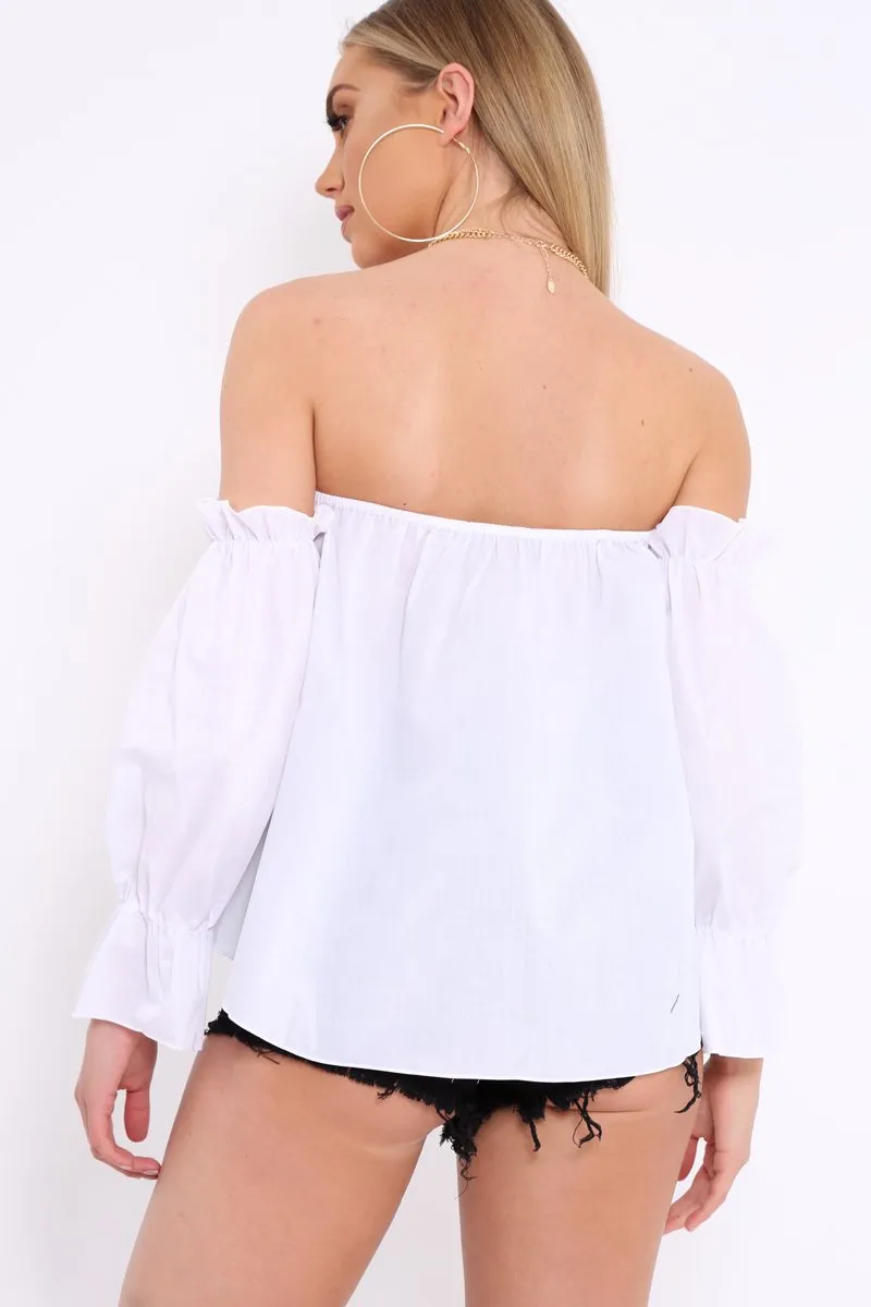 White Button Up Bardot Crop Top - LuLu