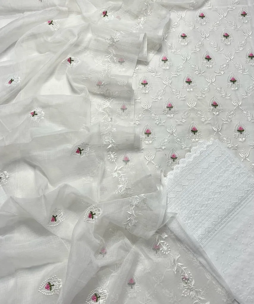 White Hand Embroided Kota Doria Suit Fabric With Dupatta
