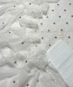 White Hand Embroided Kota Doria Suit Fabric With Dupatta