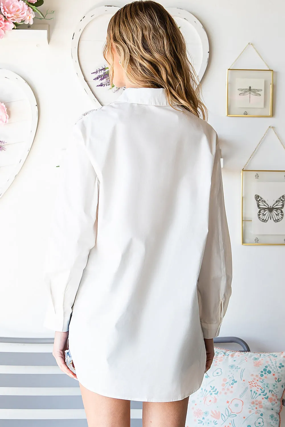 White Lace Crochet Splicing Button Up Shirt