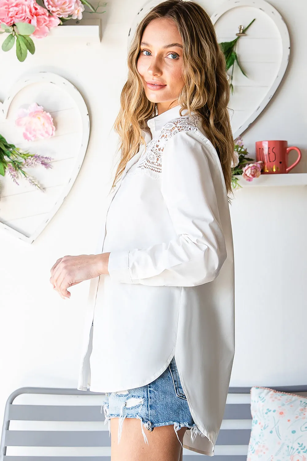 White Lace Crochet Splicing Button Up Shirt